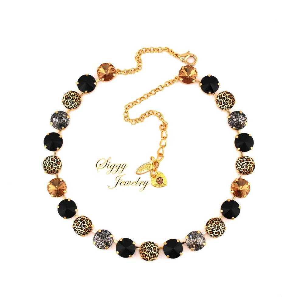 Jungle Glam Necklace Made with Austrian Crystals and Leopard Color Cabochons